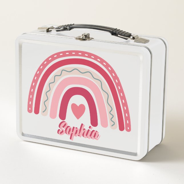 Girls Pink Boho Personalisiert Rainbow Kinderschul Metall Brotdose (Vorderseite)