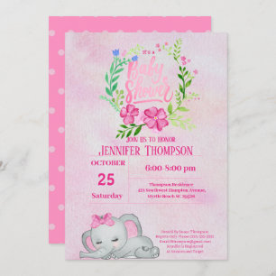 Girls Pink Elephant Baby Dusche Einladung