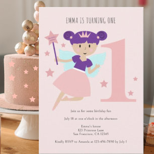 Girls Pink Fairy Ballerina 1. Geburtstag Party Einladung