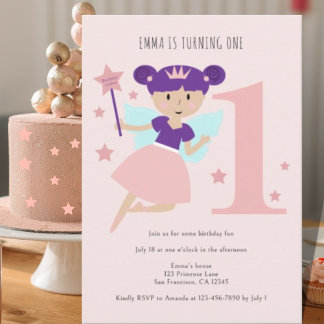 Girls Pink Fairy Ballerina 1. Geburtstag Party Einladung