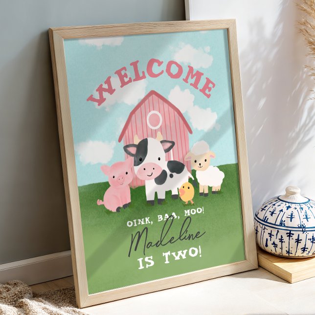 Girls Pink Farm Animal 2nd Birthday Welcome  Poster (Von Creator hochgeladen)