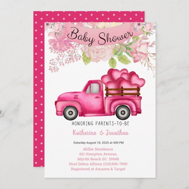 Girls Pink Floral Truckload Herz Babydusche Einladung (Vorne/Hinten)