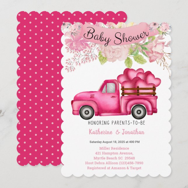 Girls Pink Floral Truckload Herz Babydusche Einladung (Vorne/Hinten)
