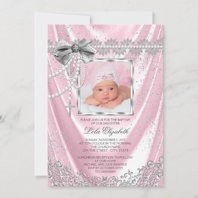 Girls Pink Foto Taufe Christening Satin Glitzer Einladung (Vorderseite)