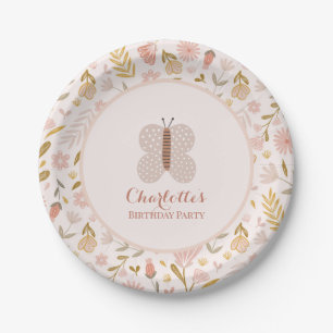 Girls Pink Gingham Wildblume Butterfly Pappteller