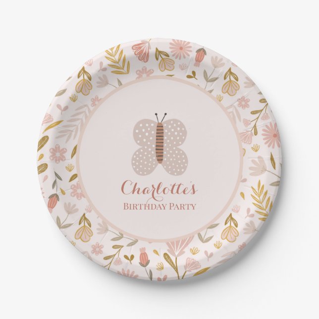 Girls Pink Gingham Wildblume Butterfly Pappteller (Vorderseite)