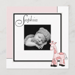 Girls Pink Giraffe Foto Geburtsankündigung Ankündigung