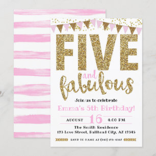 Girl's Pink & Gold Five & Fabulous 5. Geburtstag Einladung