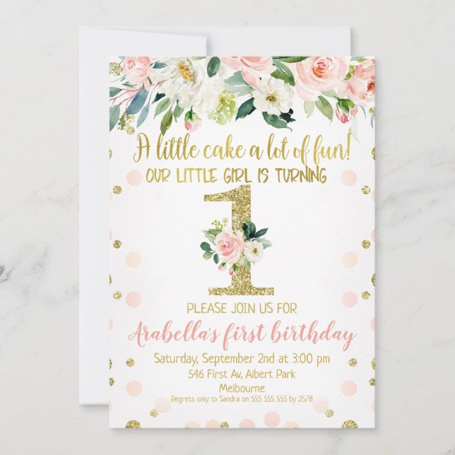 Girls Pink Gold Floral 1. Geburtstag Einladung (Vorderseite)