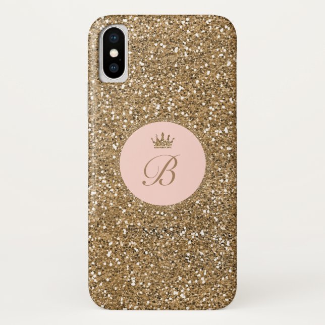 Girls Pink Gold Glitzer Princess Crown Monogram Case-Mate iPhone Hülle (Rückseite)