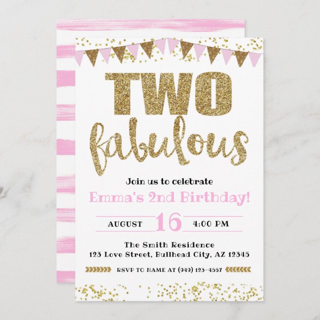 Girl's Pink & Gold Zwei fabelhafte 2. Geburtstag Einladung (Vorne/Hinten)