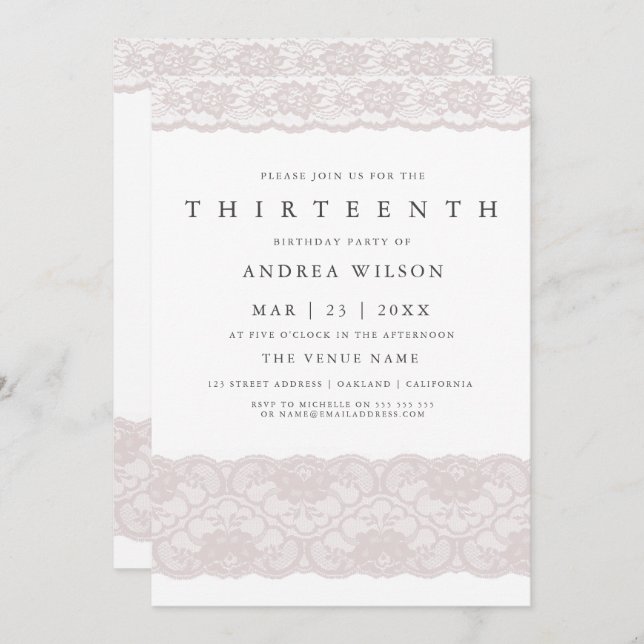 Girls Pink Lace 13. Geburtstagsparty Einladung (Vorne/Hinten)