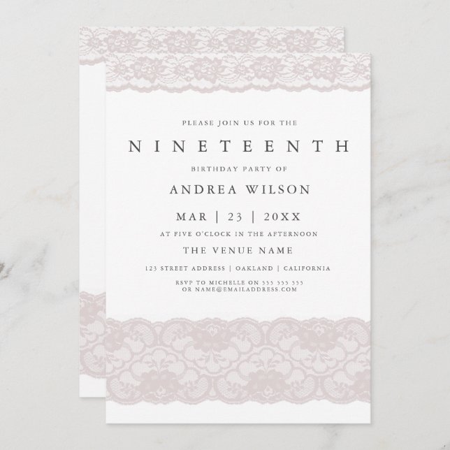 Girls Pink Lace 19. Geburtstagsparty Einladung (Vorne/Hinten)
