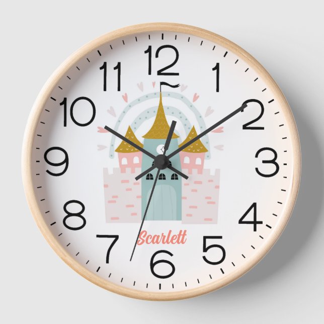 Girls Pink Niedlich Prinzessin Burg Personalisiert Uhr (Vorderseite)