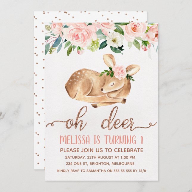 Girls Pink Oh Deer Geburtstagsparty Einladung (Vorne/Hinten)