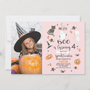 Girls Pink Orange Grau Foto Halloween Geburtstag Einladung