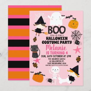 Girls Pink Orange Halloween Geburtstag Einladung