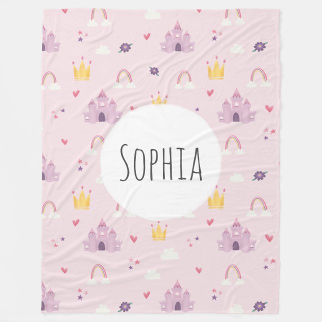 Girls Pink Princess Castle, Regenbogen, Kronmuster Fleecedecke (Vorderseite)