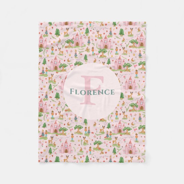 Girls Pink Princess Mairytale Story Kids Monogram Fleecedecke (Vorderseite)