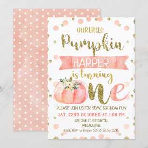 Girls Pink Pumpkin Erster Geburtstag Einladung