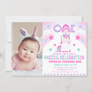 Girls Pink Rainbow Magical Unicorn 1. Geburtstag Einladung