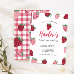 Girl's Pink & Red Strawberry Berry erster Geburtst Einladung