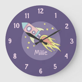 Girl's Pink Rocket Ship Space and Name Kinderzimme Große Wanduhr