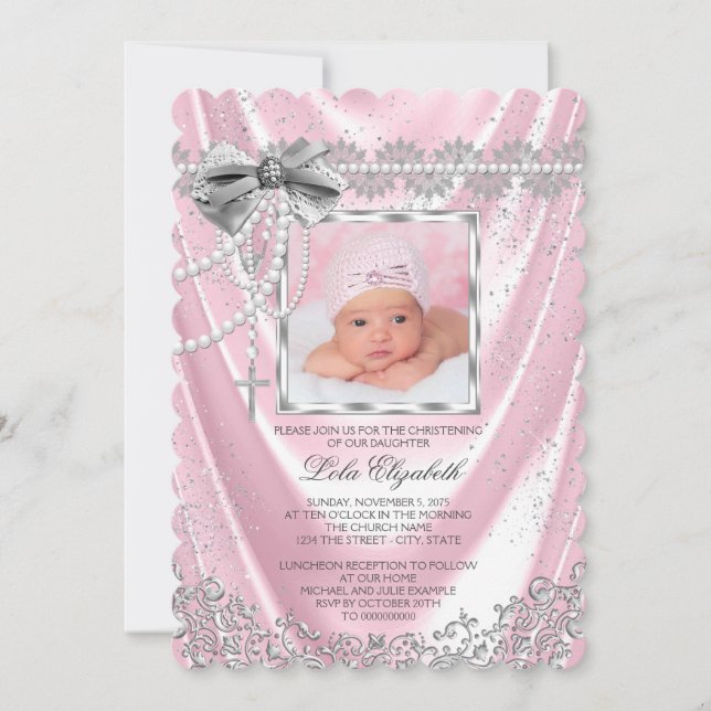 Girls Pink Satin Foto Taufe Christening Einladung (Vorderseite)