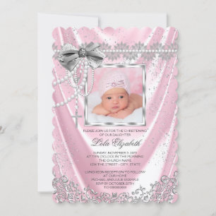 Girls Pink Satin Foto Taufe Christening Einladung