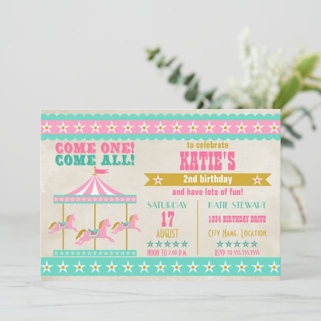 Girl's Pink Turquoise Gold Carousel Party Einladung (Stehend Vorderseite)