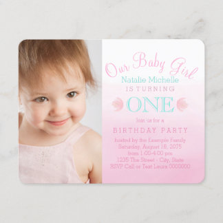 Girls Pink und Aquamarin Blue First Birthday Party Einladung