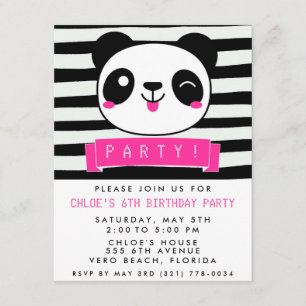 Girl's Pink und Black Happy Panda Geburtstagsparty Einladung