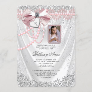 Girls Pink und White Satin Foto Erste Kommune Einladung