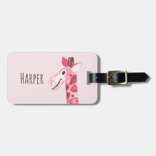 Girl's Pink Watercolor Giraffe Safari & Kinder Nam Gepäckanhänger