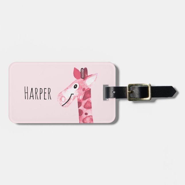 Girl's Pink Watercolor Giraffe Safari & Kinder Nam Gepäckanhänger (Vorderseite horizontal)