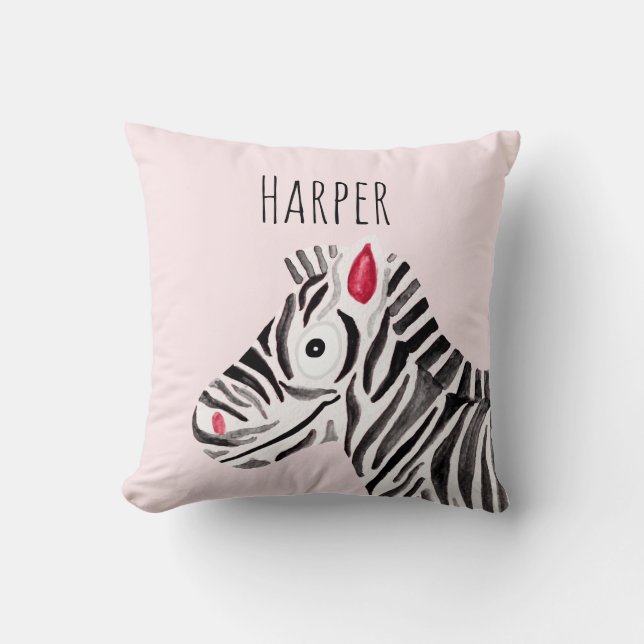 Girl's Pink Watercolor Zebra Safari Baby Kinderzim Kissen (Vorderseite)