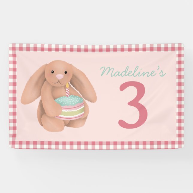 Girls Pink Woodland Bunny Birthday Sign Banner (Horizontal)