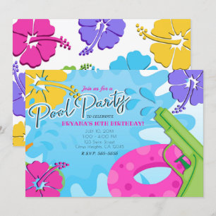 Girls Pool Party Squirt Guwater Summer Hibiskus Einladung