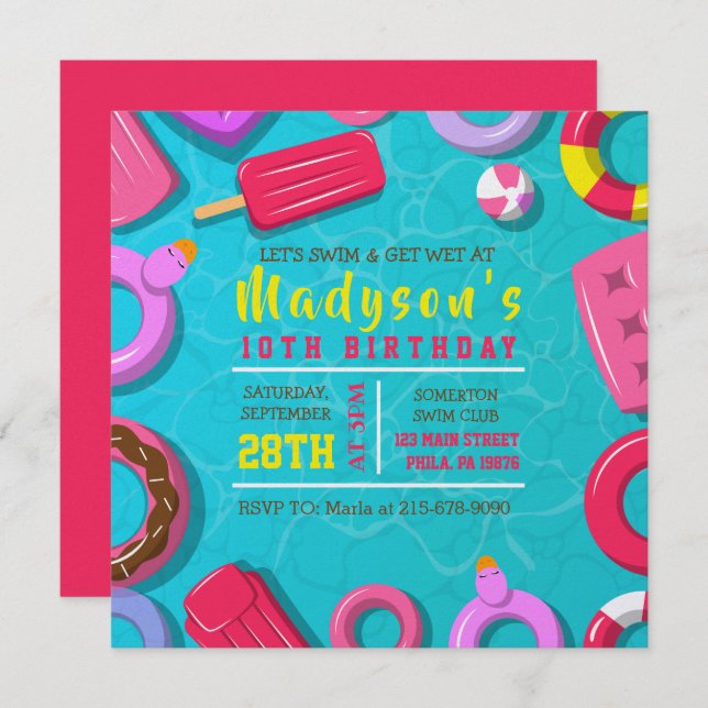 GIRLS POOL SWIM FLOATS Birthday Party Invitation Einladung (Vorne/Hinten)