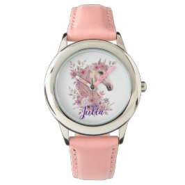 Girls Pretty Ponies Pastel Floral Horse Armbanduhr