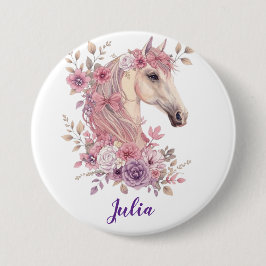 Girls Pretty Ponies Pastel Floral Horse Button