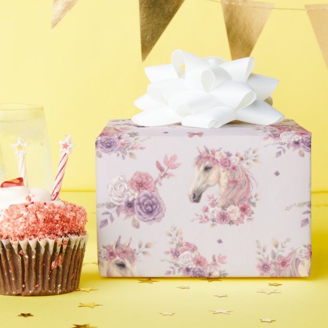 Girls Pretty Ponies Pastel Floral Horse Geschenkpapier (Geburtstagsparty)