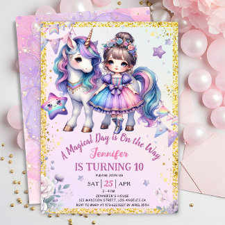 Girls Princess Unicorn 10. Geburtstag Lila Einladung