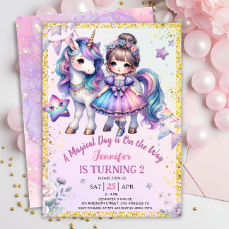 Girls Princess Unicorn 2. Geburtstag Lila Einladung