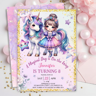 Girls Princess Unicorn 8. Geburtstag Lila Einladung