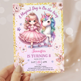Girls Princess Unicorn 8. Geburtstag Pink Gold Einladung