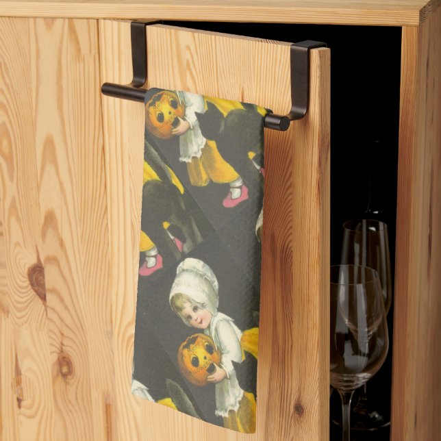 Girls Pumpkin Cat Vintag Halloween Küchentuch (Drittel gefaltet)