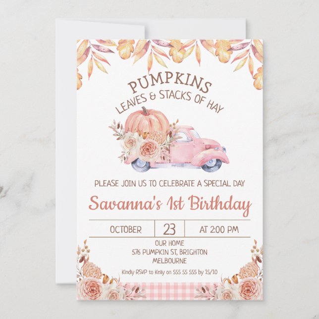 Girls Pumpkin Truck Herbst Blätter Blumengeburt Einladung (Vorderseite)