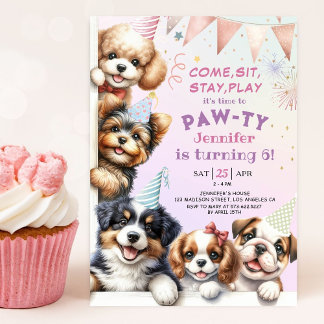 Girls Puppy Pawty 6. Geburtstagsparty Einladung