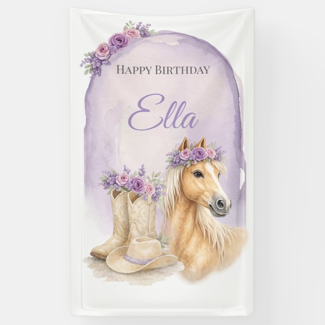 Girls Purple Floral Horse Birthday Banner (Vertikal)